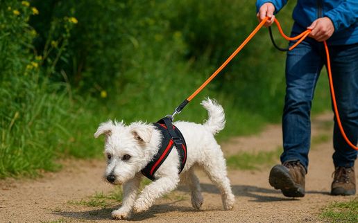 Ein kleiner Hund mit Geschirr und Hundeline beim Mantrailing Kurs der PetStyle Hundeschule