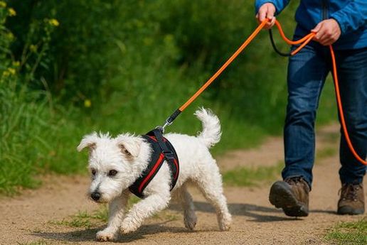 Ein weißer Hund mit Geschirr beim Mantrailing. Die PetSytle Hundeschule in Grenzach-Wyhlen, auch von Rheinfelden, Lörrach, Weil am Rhein und Schopfheim schnell zu erreichen.